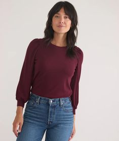 Lexi Rib Puff Sleeve Top – Marine Layer Versatile Puff Sleeve Tops For Fall, Fall Tops With Gathered Sleeves, Chic Puff Sleeve Knit Top For Fall, Stretch Puff Sleeve Top With Gathered Sleeves, Chic Fall Knit Top With Puff Sleeves, Fitted Puff Sleeve Top For Fall, Chic Stretch Knit Top With Puff Sleeves, Everyday Puff Sleeve Tops For Fall, Stretch Puff Sleeve Top For Fall