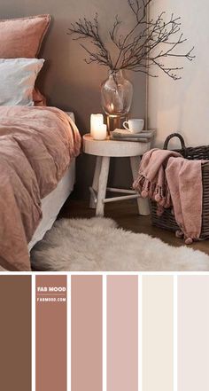 a bedroom with pink and brown colors in it