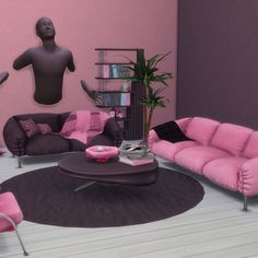 a living room filled with pink and purple furniture