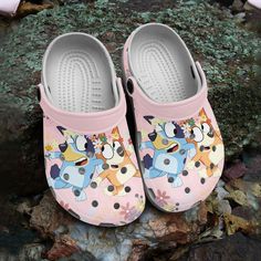 a pair of pink children's shoes with cartoon characters on them sitting on some rocks