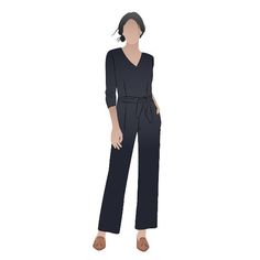 "Boardroom to bar, work or weekend, this versatile jumpsuit pattern comes with pants or skirt and can be made with sleeves or sleeveless. This understated style has a \"V\" neck, tie belt and it is fitted to a comfortable and flattering silhouette. The \"of the moment\" wide leg sits on the ankle. The skirt is a pencil shape and sits just below the knee. Make it with 3/4 sleeves or for warmer days it works well sleeveless. Skill Level: Medium Sizes: 4-16 or 18-30 New, uncut paper pattern" V-neck Jumpsuits And Rompers With Pockets For Work, Versatile Fitted V-neck Jumpsuits And Rompers, Versatile Fitted V-neck Jumpsuit, Wide Leg Workwear Jumpsuits With Tie Waist, Chic V-neck Relaxed Fit Jumpsuits And Rompers, Elegant V-neck Jumpsuits And Rompers For Daywear, Workwear Jumpsuit With Tie Waist And Relaxed Fit, Spring Workwear V-neck Jumpsuit, Spring V-neck Jumpsuits And Rompers For Work