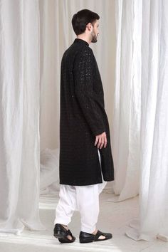 Black kurta with thread sequin embroidered floral checkered patterns. Comes with patiala. - Aza Fashions Black Festive Winter Kurta, Festive Black Winter Kurta, Winter Designer Kurta With Dabka Work, Black Chikankari Embroidery Kurta For Winter, Designer Resham Embroidery Kurta For Winter, Unstitched Black Winter Kurta, Black Unstitched Winter Kurta, Black Straight Kurta For Winter, Winter Sherwani With Chikankari Embroidery