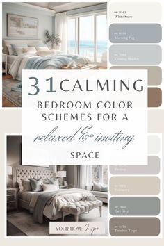 a bedroom color scheme with the words, 3 calming bedroom color schemes for a relaxed and inviting space