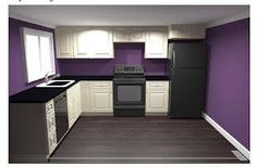 an empty kitchen with purple walls and white cupboards, black counter tops, and stainless steel appliances