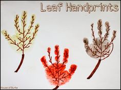 three leaf handprints are shown on a piece of paper with the words leaf handprints