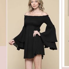 Off-The-Shoulder Dress Featuring Topped With A Straight Neckline, And Long Bell Sleeves. 100% Rayon. Off Shoulder Bell Sleeve Dress, Black Long Sleeve Off Shoulder Summer Dress, Casual Black Off Shoulder Dress, Black Off Shoulder Dress For Brunch, Flowy Off-shoulder Smocked Dress For Brunch, Black Off-shoulder Mini Dress For Brunch, Black Mini Dress With Smocked Back For Brunch, Black Flowy Off-shoulder Dress, Dresses With Bell Sleeves