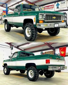 the green and white truck is parked in the garage