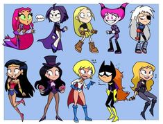 some cartoon characters with different outfits and hair