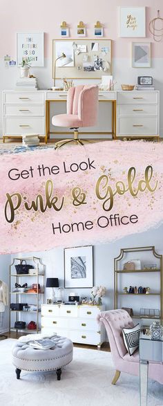 the pink and gold home office is featured in this ad for furniture store, which has been