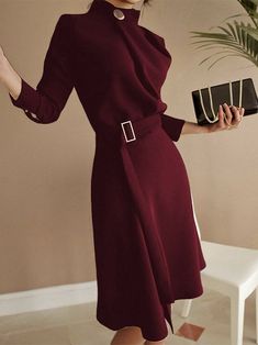 Stand Neck, Business Party, Elegant Midi Dresses, Split Dress, Dresses Elegant, Skirt Belt, Moda Vintage, Long Sleeve Midi, Long Sleeve Midi Dress