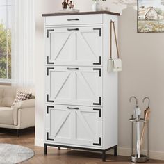 a white cabinet with black doors in a living room