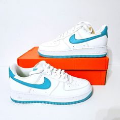 Wmn 7/Men 5.5 Wmn 9/Men 7.5 Wmn 8.5/Men 7 Wmn 8/Men 6.5 New With Box Dv3808-107 Blue Nike Air Force 1 With Gum Sole, Turquoise Sneakers For Streetwear With Round Toe, Turquoise Round Toe Sneakers For Streetwear, Nike Air Force 1 Blue Sports Shoes, Blue Nike Air Force 1 For Streetwear, Custom Shoes Nike Air Force Blue, Turquoise Low-top Sneakers For Streetwear, Nike Low-top Turquoise Sneakers, Blue Synthetic Lace-up Nike Air Force 1