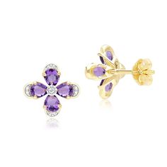 A Gorgeous Floral Amethyst & Diamond Stud Earrings in 9ct Yellow Gold.    Amethyst is thought to be a stone of friendship and love. It has even been said that St Valentine wore a gold amethyst ring. As birthstones, Amethysts represent February birthdays. Diamonds are celebrated for their unrivalled strength and striking beauty which is why they are often shared in the most romantic gestures. As birthstones, diamonds represent April birthdays and are traditionally given as 10th anniversary gifts. Striking Beauty, 10th Anniversary Gifts, Gold Amethyst Ring, St Valentine, June Birthstone Jewelry, Romantic Gestures, Jewelry Ring Box, Pearl Jewellery Earrings, Diamond Stud Earrings