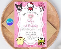 a hello kitty birthday party with pink background and cartoon characters on the front, along with an envelope