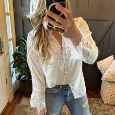 #ad Top Rated S New White Lace Long Sleeve Ethereal Folk Boho Blouse Top Womens Size SMALL, Fashion women's top White Long Sleeve Bohemian Top, White Lace Long Sleeve, White V-neck Bohemian Lace Top, White Off-shoulder Bohemian Top, Bohemian Embroidered Off-white Blouse, Bohemian Off-white Lace Top, Boho Blouse, Lace Long Sleeve, Pretty Blouses