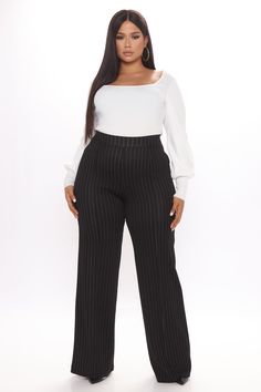 Available In Black/White And Ivory/combo. High Waist Back Zipper Wide Leg Flare Pant Stretch Pleated Disclaimer: Stripe Placement Will Vary 96% Polyester, 4% Spandex Imported | Victoria High Waisted Dress Pant Pinstripe in Black/White size Large by Fashion Nova High Waisted Dress, High Waisted Dress Pants, Waisted Dress, Flattering Outfits, Flare Pant, Review Fashion, Black White Fashion, Dress Pant, Curve Dresses