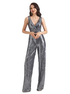 Gorgeous Sequin Sleeveless V-Neck Long Party Jumpsuit - ChicSew Luxury Sequined Women's Pantsuit, Sequin Full-length Evening Pants, Floor-length Silver Mother Of The Bride Dress With Sequins, Silver Sequined Floor-length Mother Of The Bride Dress, Disco Full-length Sequined Pants, White Jumpsuit Wedding, Sequin Pant, Wedding Pants, Beach Bridal Gown