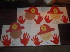 four handprints with fireman faces on them