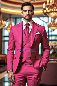 =>UNIQUE CREATION - PLEASE RESPECT COPYRIGHT<= All images and content on this site are exclusively crafted and owned by Paridhanin. Unauthorized copying, sharing, or reproduction is prohibited and will be subject to legal action. Hot pink 3pc wedding suit for Groom and bestman with a matching vest and tailored trousers. It has a white dress shirt underneath, paired with matching tie. The price includes Jacket, vest and pant only. Other accessories if you want like shirt , tie and pocket square will be available on extra cost. For this message us in personalisation box. The suit is meticulously crafted from a luxurious  polyester blended fabric, ensuring both a sleek appearance and superior comfort. Whether you're attending a wedding, graduation ceremony, going on a special date, hosting an Pink Suits For Party, Fitted Pink Tuxedo For Groom, Pink Fitted Tuxedo For Groom, Elegant Pink Groom's Suit, Classic Pink Suit For Party, Pink Fitted Tuxedo For Business, Elegant Pink Tuxedo For Semi-formal Occasions, Pink Three-piece Suit With Notch Lapel For Wedding, Elegant Pink Blazer For Groom