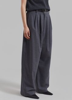 Color: Grey Midweight woven fabric Regular fit Wide leg Mid-rise Front pleat detailing Belt loops Side seam pockets Single back illusion welt pocket Zip fly Hook and bar closure Partially lined 56% Polyester 24% Rayon 18% Wool 2% Elastane Dry Clean Imported Gray Wide Leg Pants With Belt Loops For Work, Business Casual Gray Bottoms With Pockets, Elegant Gray Bottoms With Pockets, Gray Cotton Wide Leg Workwear Pants, Gray Cotton Wide Leg Pants For Work, Gray Workwear Bottoms With Elastic Waistband, Gray Pants With Welt Pockets For Work, Tailored Gray High-waisted Pants, Gray Business Casual Bottoms With Welt Pockets