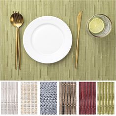 there is a plate, fork and knife on the table with different color swatches