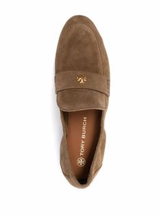 Brown leather slip-on leather loafers from TORY BURCH featuring slip-on style, gold-tone logo plaque and gum-rubber sole. | Tory Burch Slip-On Leather Loafers River Rock, Suede Loafers, Leather Slip Ons, Brown Suede, Leather Loafers, Suede Leather, Mule Shoe, Tory Burch, Brown Leather