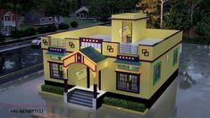 this is an artist's rendering of a yellow house in the middle of town