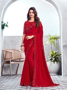 Red Chiffon Silk Sequin Party Wear Saree - VJV Now Saree Red Colour, Red Chiffon Saree, Classic Saree, Lehenga Choli Wedding, Party Sarees, Party Wear Saree, Red Chiffon, Utsav Fashion, Party Wear Lehenga