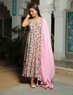 Unleash your ethnic charm with our Indo Western Floral Dress Set. This sustainable anarkali floral suit with a vibrant dupatta will make you stand out this summer season. This stunning salwar suit is perfect for special events and everyday wear, making you feel comfortable and stylish. Handmade with care, our anarkali suits are ready to wear, ensuring you a hassle-free experience. Perfect as a gift for her, this women's salwar suit is a must-have in your wardrobe. Get yours today! Details: Color Traditional Outfit For Women, Floral Anarkali, Women Salwar Suit, Gown Indian, Wings Dress, Cotton Anarkali, Anarkali Salwar, Traditional Outfit, Cotton Outfit