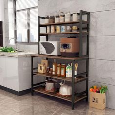 a kitchen area with shelves and various items on the counter