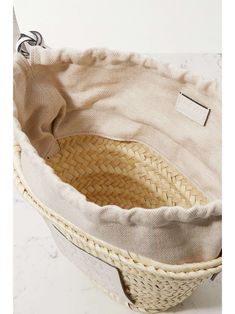 LOEWE + Paula's Ibiza leather-trimmed raffia bucket bag Raffia Bucket Bag, Loewe Paula's Ibiza, Swimsuit Jewelry, Woven Leather Bag, Loewe Bag, Drawstring Bucket Bag, Raffia Bag, Woven Raffia, Leather Bucket Bag