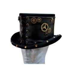 A  Black wool/felt Mens rigid top hat with a handmade black & burnished gold leatherette corset wrap with clock gears and rivits Handmade in the UK. To fit a Gentlemans head size 0f 57cm this can be made in many more sizes and of course to fit a ladyPlease note:- Handmade in the United Kingdom Buyers outside of the UK  may need to pay customs fees or duties, which vary from country to country. Also, customs can sometimes delay delivery by many days. We want buyers to know that any customs delays Steampunk Mini Hat With High Crown, Steampunk High Crown Costume Hat, Steampunk Top Hat With Curved Brim For Costume, Black Leather Steampunk Top Hat, Black Steampunk Hat For Costume Party, Steampunk Fitted Top Hat For Costume, Black Steampunk Costume Hats And Headpieces, Fitted Black Steampunk Top Hat, Black Fitted Steampunk Top Hat