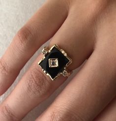 Elegant Black Diamond Ring In 14k Gold, Elegant Yellow Gold Diamond Ring With Black Enamel, Elegant Onyx Jewelry With Diamond Accents, Fine Jewelry Yellow Gold Onyx Rings, Elegant Black Enamel 14k Gold Ring, Elegant Black Enamel Ring In 14k Gold, Fine Jewelry Yellow Gold Rings With Onyx, Diamond Enamel Ring With Black Enamel, Elegant Black Enamel Diamond Ring