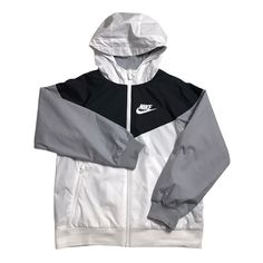 Nike Sportswear Windrunner Loose fit Jacket kids Boys School Grade SZ Medium 850443-102 NWT He'll breeze on through looking sporty and fresh in the iconic Sportswear Windrunner Jacket. Running-inspired jacket in a lightweight ripstop fabric. Standard fit is eased, but not sloppy, and perfect for any activity. Multi-panel, mesh-lined hood. Full-zip front closure with chin-saving zipper garage. Curved, vented back yoke increases breathability. Long sleeves. Secure zip hand pockets. Rib knit cuffs White Moisture-wicking Track Jacket For Streetwear, White Urban Track Jacket For Light Sports, White Moisture-wicking Windbreaker For Streetwear, Urban White Windbreaker With Moisture-wicking, Urban Style White Moisture-wicking Windbreaker, Urban White Moisture-wicking Windbreaker, White Nylon Track Jacket With Moisture-wicking, White Nylon Track Jacket For Gym, White Urban Track Jacket For Gym