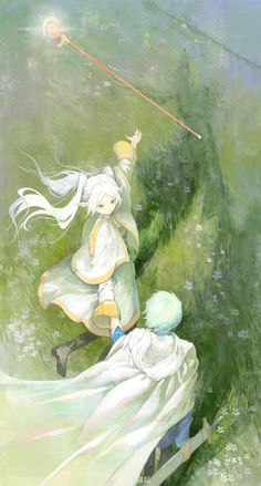 an anime scene with two people in the grass and one is holding a light saber