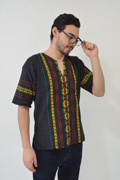 Traditional Guatemalan Shirt Hippie Guatemalan Unisex Shirt - Etsy Bohemian Black Long Sleeve Shirt, Black Short Sleeve Tops With Geometric Pattern, Black Cotton Tops With Geometric Pattern, Black Cotton Top With Geometric Pattern, Black Cotton Tops With Geometric Embroidery, Black Cotton Blouse With Geometric Embroidery, Black Cotton Folk Top, Black Folk Style Cotton Top, Patterned Short Sleeve Hippie Tops