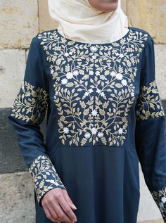 Gold Embroidered Abaya Gown - Abaya Gowns - Women | Shukr Clothing Eid Floral Embroidered Tunic Abaya, Long Sleeve Maxi Dress With Dabka Work For Eid, Eid Long Sleeve Abaya With Floral Embroidery, Eid Abaya With Floral Embroidery And Long Sleeves, Festive Long Sleeve Maxi Dress With Floral Embroidery, Eid Embroidered Long Sleeve Gown, Eid Thobe With Intricate Embroidery Long Sleeve, Eid Festive Abaya With Floral Embroidery, Long Sleeve Thobe With Intricate Embroidery For Eid