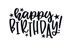 the words happy birthday written in black ink on a white background with stars around it