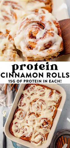 cinnamon rolls with icing on top and in a baking dish next to the recipe