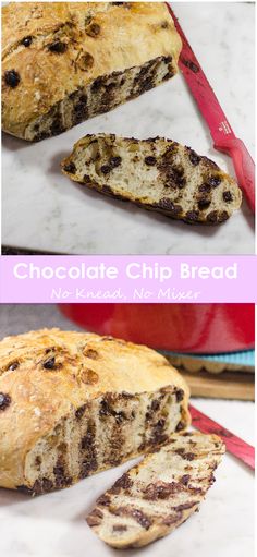 chocolate chip bread is cut in half and ready to be eaten with a knife on the side