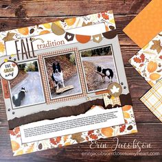 a scrapbook page with an image of two dogs riding skateboards in the fall