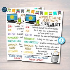 an advertise poster with two computers on it, and the words admitative assistant's survival kit