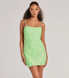 The sequin dress features a flattering square neckline, adjustable spaghetti straps, a cutout back that attracts attention, and a bodycon mini-length silhouette. This dress is perfect for a school dance or party. Lime Green Homecoming Dresses, Lime Green Hoco Dress, Neon Hoco Dresses, Light Green Hoco Dress, Green Hoco Dress, Jeans And Bodysuit, Hoco 2024, Hoco Inspo, Neon Dress