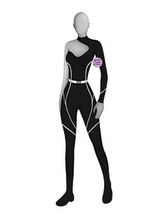 a female mannequin in black and white with a purple tag on it's chest