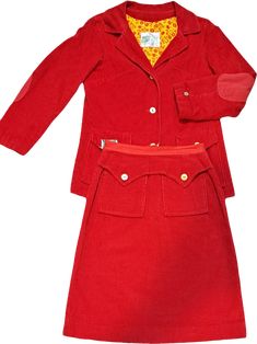 Mary Quant Of London's women’s red, cotton skirt suit. Excellent condition, size XS (000 - 2). Circa 1960sMary Quant of London for Penneys Young International Designer Collection Two Piece mod suitMade of cottonJacket and skirt have pocketsElbow patches on jacket, bracelet length sleevesShort mini skirtThe color is not as tomato as camera is capturing. Much cooler red, like a scarlet red (blue toned red more than orange tone). This is very small, compare to measurements and allow for movement. Best fit XXS or XS. Shoulders are an important measurement here.Jacket:Bust 34Waist 32Shoulder seam to seam 14Sleeve length 21 inchLength from shoulder to hem 25 inchSkirt:Waist 23Hip 36Length 22 inchExcellent condition. Has faint incense scent. Waist of skirt turned up, see picture. One missing butt Red Spring Sets With Pockets, Red Sets With Pockets For Spring, Red Cotton Fall Season Set, Red Cotton Sets For Fall, Patches On Jacket, Mod Suits, Short Mini Skirt, Orange Tone, Mary Quant