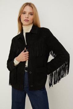 Style: Leather JacketDesign: PlainFabric: LeatherLength: RegularNeckline: CollaredSleeve Length: Long SleeveDiscover our full range of women's jackets Black Suede Fringe Jacket, Rachel Stevens, Fringe Leather Jacket, Classic American Style, Suede Fringe Jacket, Fringe Jacket, Suede Fringe, Suede Fabric, Leather Fringe