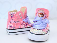 Pink Round Toe Sneakers For Birthday, Cute Low-top Sneakers For Birthday, Pink Lace-up Sneakers For Birthday, Cute Party Sneakers, Cute High-top Sneakers For Birthday, Customizable Pink Sneakers As A Gift, Custom Baby Shoes Girl, Sofia The First Clothes, Pink Bling Converse