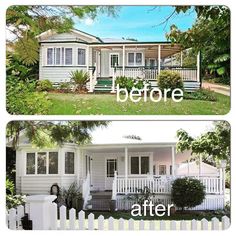 before and after photos of a house with white siding on the front, side and top