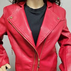 Red Faux Leather Jacket. Never Worn With Tags. Casual Red Leather Jacket With Zipper, Casual Red Leather Jacket With Zipper Closure, Fall Red Leather Jacket With Zipper Closure, Red Biker Jacket With Zipper For Fall, Red Biker Jacket With Zipper Closure For Fall, Trendy Red Biker Jacket With Zipper Closure, Trendy Red Biker Jacket With Zipper, Red Leather Jacket With Zipper For Spring, Trendy Red Fitted Leather Jacket