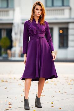 Purple Shirt Dress, Women Shirt Dress, Fall DressDark purple dress with collar and front buttons➤ Features> Dress length: 107 cm (42,12'')> Stand up collar> Long sleeves> Lining in skirt part> Zipper on the side> Front buttons> Separated belt➤ SizingMy Size Guide in FAQ section below will help you define the perfect size match. The item can also be made according to your measurements – just message them to me. ➤ DeliveryYour item is made-to-order and will be ready within 2-7 Fitted Shirt Dress With Collared Neckline For Fall, Long Sleeve Shirt Dress With Buttons, Semi-formal Long Sleeve Shirt Dress With Placket, Fitted Long Sleeve Dress With Placket, Long Sleeve Daywear Dresses With Placket, Semi-formal Long Sleeve Midi Dress With Buttons, Long Sleeve Dress With Placket For Daywear, Knee-length Fall Dresses With Placket, Purple Button-up Daywear Dress